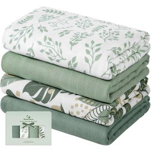 Yoofoss Muslin Swaddle Blankets, 4-Pack Receiving Blankets for Baby Boys and Girls, 47 x 47 Inches Baby Blanket Neutral Swaddle Wrap 70% Rayon from Bamboo and 30% Cotton (Green & Leaves)