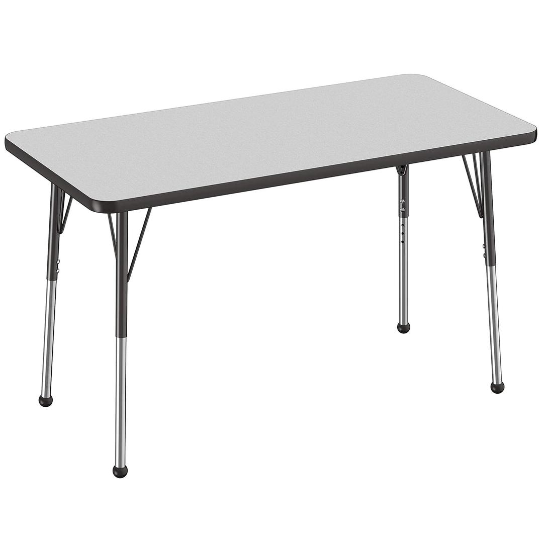FDP Rectangle Activity School and Office Table (24 x 48 inch), Standard Legs with Ball Glides, Adjustable Height 19-30 inches - Gray Top and Black Edge
