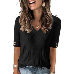 AKEWEI Womens V Neck Sweater Short Sleeve Lightweight Knit Spring Summer Tops with Decorative Buttons (Large, Black)