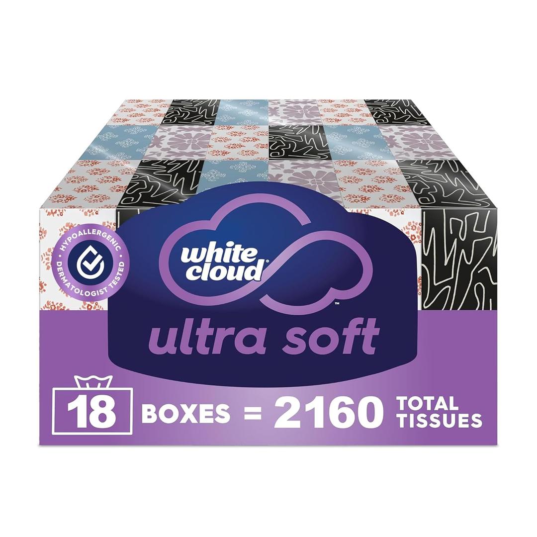 White Cloud Ultra Soft 3-Ply Facial Tissue, 18 Box Multipack, 120 Tissues Per Box