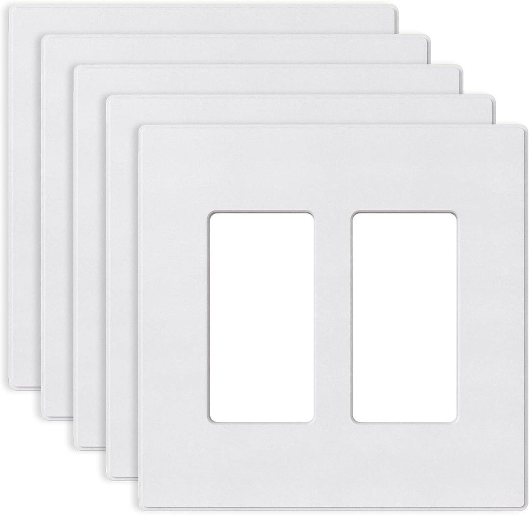 ELEGRP 2-Gang Screwless Decorative Wall Plates, Mid-Size 4.88" height x 4.94" length Unbreakable Thermoplastic Faceplate Cover for Decorator Receptacle Outlet & Switch, UL Listed (5 Pack, Matte White)