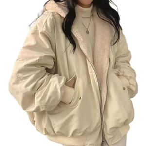 Sumleno Sherpa Jacket for Women Teen Girls Reversible Y2k Zip Up Hoodie Fleece Fur Grunge Winter Coat Cutecore Korean Clothes (Beige, L)