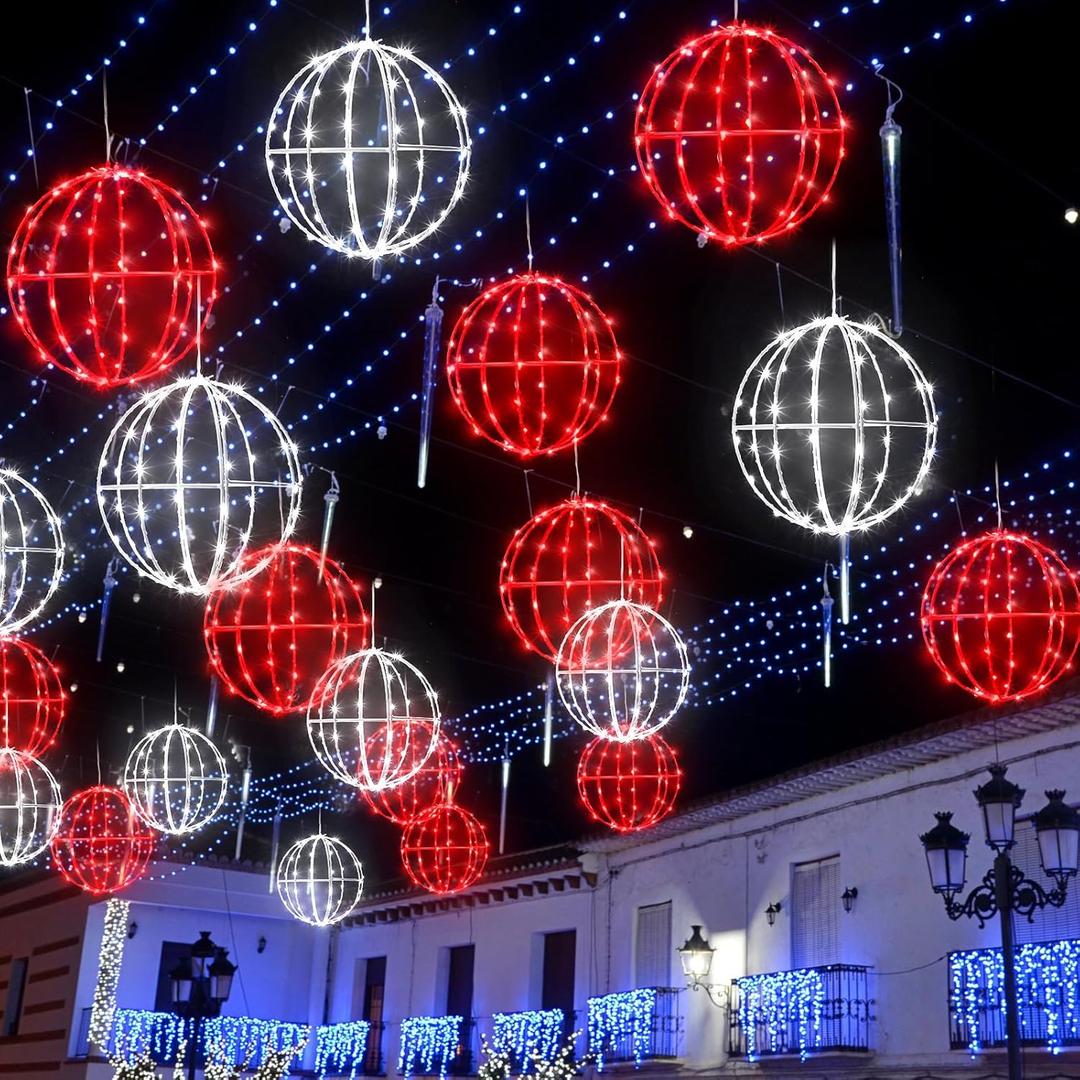 Leinuosen 4 Pack 7.87" Outdoor Christmas Ball Lights, Hanging LED Sphere String Light with Metal Frame Multicolor Globe Lights for Holiday Garden Tree Patio Yard Party Outdoor Decor (Red White)