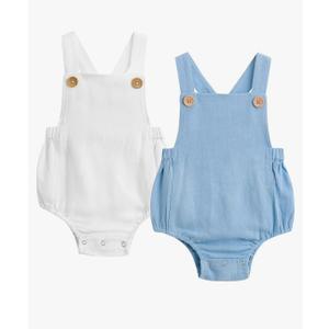 Newborn Baby Girls Boys Corduroy Jumpsuit Halter Backless Plain Romper Overall Clothes, White and Blue, 3-6 months