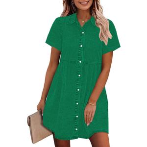 GRAPENT Denim Dress for Women Babydoll Tiered Short Sleeve Button Down Jean Shirt Dresses (Green, XXL)