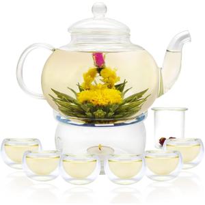 GURUDAR Glass Teapot Set, 27OZ/800ML Stovetop Safe Glass Tea Kettle with 6 Small Double Wall Tea Cups & Loose Tea Infuser & Tea Warmer, Microwave & Dishwasher Safe Tea Maker, Blooming Tea Gift Set