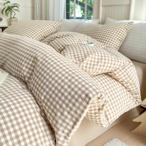 LifeTB Queen Comforter Set Tan Gingham Comforter Modern Style Beige Plaid Comforter Set 3 Pieces Fluffy Grid Checkered Comforter with 2 Pillowcases Boho Gingham Bedding Set Queen Size (Queen (90"x90"))