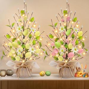 2 Pack & Timer - Lighted Easter Egg Tree Tabletop Easter Decorations 40 LED 18 Colorful Eggs 12 Flowers 20 Berries 112 Floral Berries Battery Operated Artificial Tree Decor Home Indoor Spring