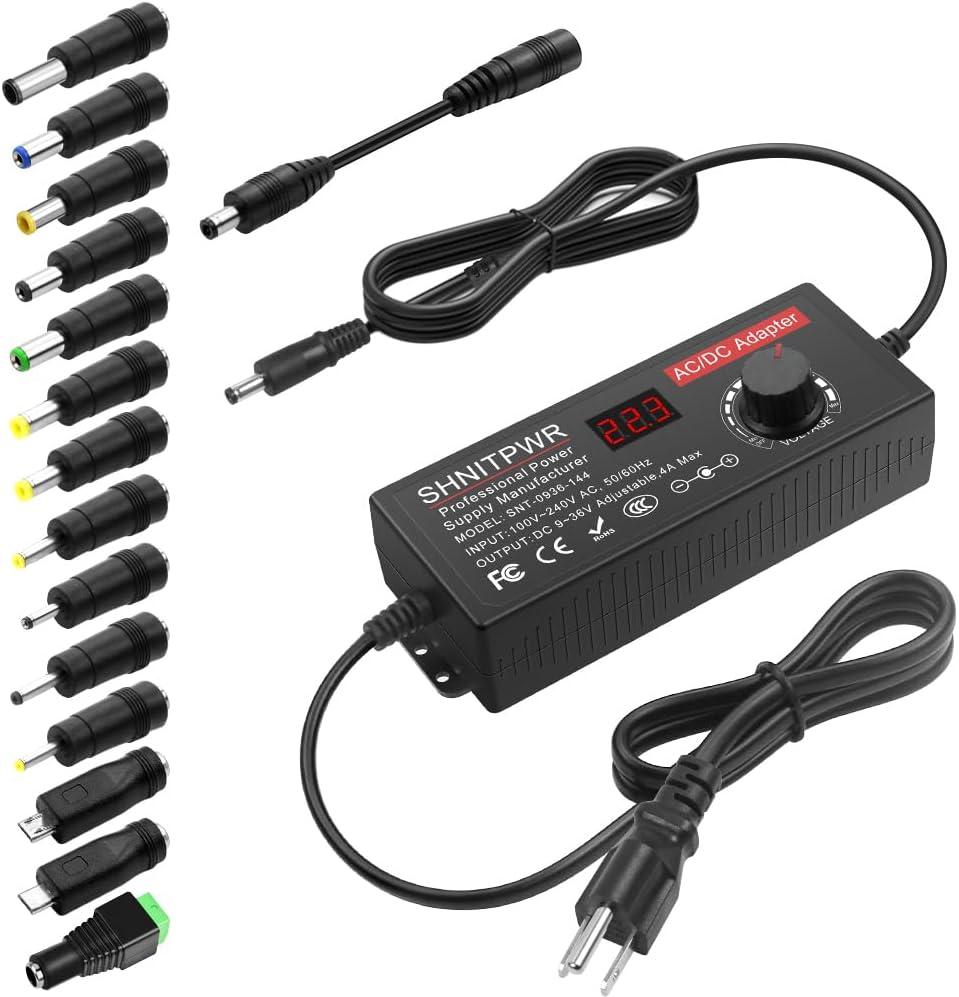 SHNITPWR 144W Universal Power Supply Adjustable DC 36V 30V 24V 20V 19V 14V 12V 9V AC/DC Adapter 100V~240V AC to DC Variable Power Converter 9V ~ 36V 4A 144W Power Adapter with 14 Tips 5.5x2.5mm