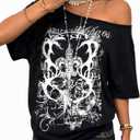 Women's Off The Shoulder Tops Gothic Graphic Tee Y2k Grunge Shirts Vintage Emo Oversized T Shirts Streetwear (M)