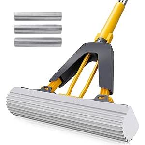 Masthome Sponge Mop,Roller Sponge Mop with 3 Absorbent PVA Mop Refills,Self Squeeze Sponge Mops and Stainless Steel Handle,PVA Sponge Mops for Floor Cleaning