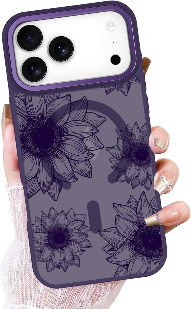 OOK Purple Case Design for iPhone 17 Pro Case, Compatible with MagSafe, Cute Sunflower Floral Blooms Design Frosted Shockproof for Women Girls Magnetic Phone Cover - Purple Flower