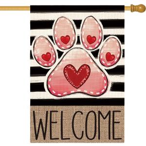 AVOIN colorlife Paw Print Love Hearts Valentines Day House Flag 28x40 Inch Double Sided, Welcome Stripes Rustic Yard Outdoor Decoration