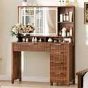Arulvmrn 43.3'' Vanity Desk with Mirror and Lights, with Glass Tabletop, with 5 Drawers & Shelves,Makeup Vanity Set for Bedroom, Walnut
