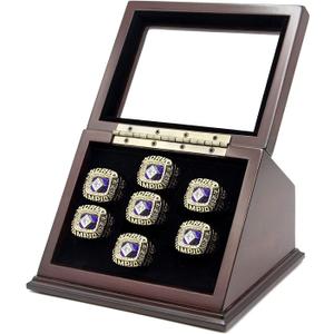 7 Slots Championship Wooden Display Case Shadow Box With Slanted Glass Window for Football, Basketball, Hockey, Sports Rings - Not Included