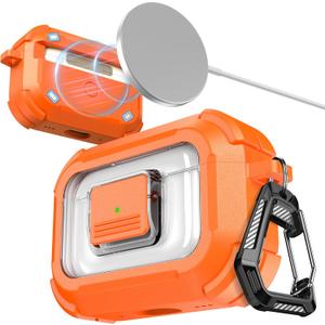 RFUNGUANGO for AirPods Pro 3 Case, Compatible with AirPods Pro 3 Generation Case (2025), Compatible with MagSafe, Magnetic Automatic Lock with Cleaner Kit and Keychain, Front LED Visible, Orange