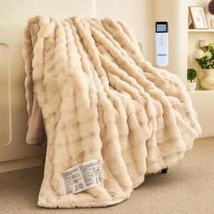 Thick Bubble Faux Fur Heated Blanket Electric Blanket 72"x84", Soft Faux Rabbit Fur Heating Blankets with Overheat Protection, 12 Time Settings, 5 Heating Level, Machine Washable (Beige)