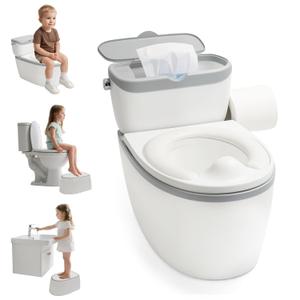 3-in-1 Toddler Potty Training Toilet, for Ages 6 Months+, Realistic Potty Training Seat with Flushing Sound, Wipes Storage, Toilet Paper Holder (Grey White)