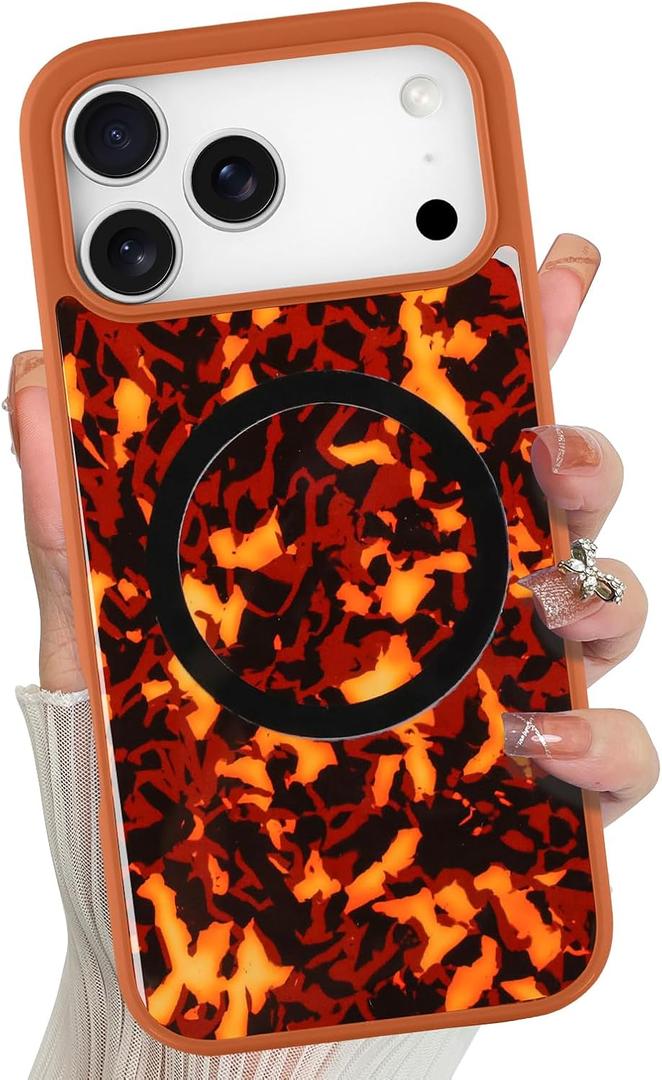 Magnetic for iPhone 17 Pro Case Abalone Shell, Tortoise Orange | Cute Sparkle Mother of Pearl Design, Compatible with MagSafe, Shockproof Protective Phone Cover