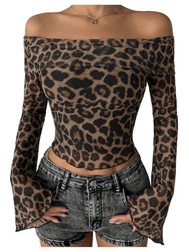 WDIRARA Women's Leopard Off The Shoulder Tops Long Bell Sleeve Tee Shirts Fitted Crop Tops Brown Medium