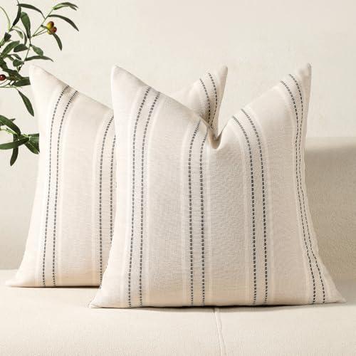 Hckot Throw Pillow Covers 20x20 Set of 2 Striped Pillow Covers Textured Linen Decorative Pillows Square Cushion Covers for Sofa Couch Bed Living Room Farmhouse Decor, Grey