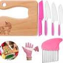 Zhehao 7 Pieces Kids Knife Set for Real Cooking Include Wood Kids Knife Plastic Potato Slicers Cooking Knives Serrated Edges Toddler Plastic Resistant Gloves for Kitchen Children(Unicorn)