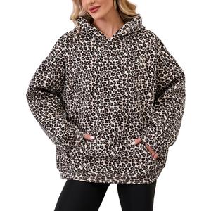 Womens Camo Hoodies Maple Leaf Print Oversized Hooded Sweatshirt Fleece Pullover Sweatshirts Long Sleeve with Pocket (Medium, Leopard Brown)