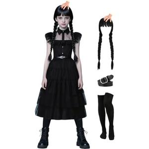 Cabeny Girls Halloween Costumes for Kids Black Dress Cosplay with Accessories Wig Socks Hairpin, Size 130