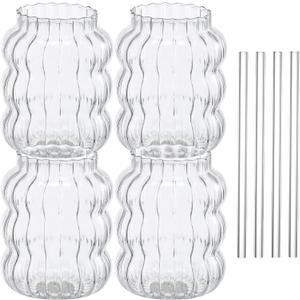 8Pcs Ribbed Glass Cups Set Creative Wavy Drinking Glasses Clear Glassware for Coffee Cocktail Juice Water Soda Tea Drinking Glasses Straws 650ml