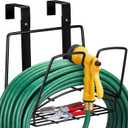 Frienda Garden Hose Holder with Storage Basket Heavy Duty Wall Mount Hose Hanger Metal Water Hoses Holder Fence Storage Organizer Nails for Extension Cords Outdoor Garden Yard(Movable Type,Black)