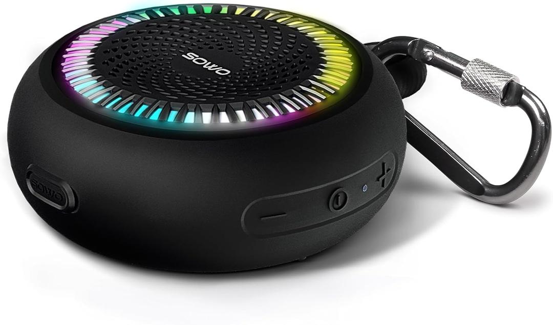 SOWO Shower Speaker Bluetooth Waterproof | Small Portable Wireless Bluetooth Speaker with Clip | Powerful Bass and Louder Volume | Colorful Lights and Lightweight | for Bathroom,Travel,Beach | Black