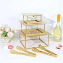3 Pcs Square Gold Cake Stand Set, 8" 10" 12" Elegant Wedding Cake Stands & Dessert Table Display - Perfect for Birthday, Wedding Reception & Party Decor - Includes 2 Gold Tongs (Metal)