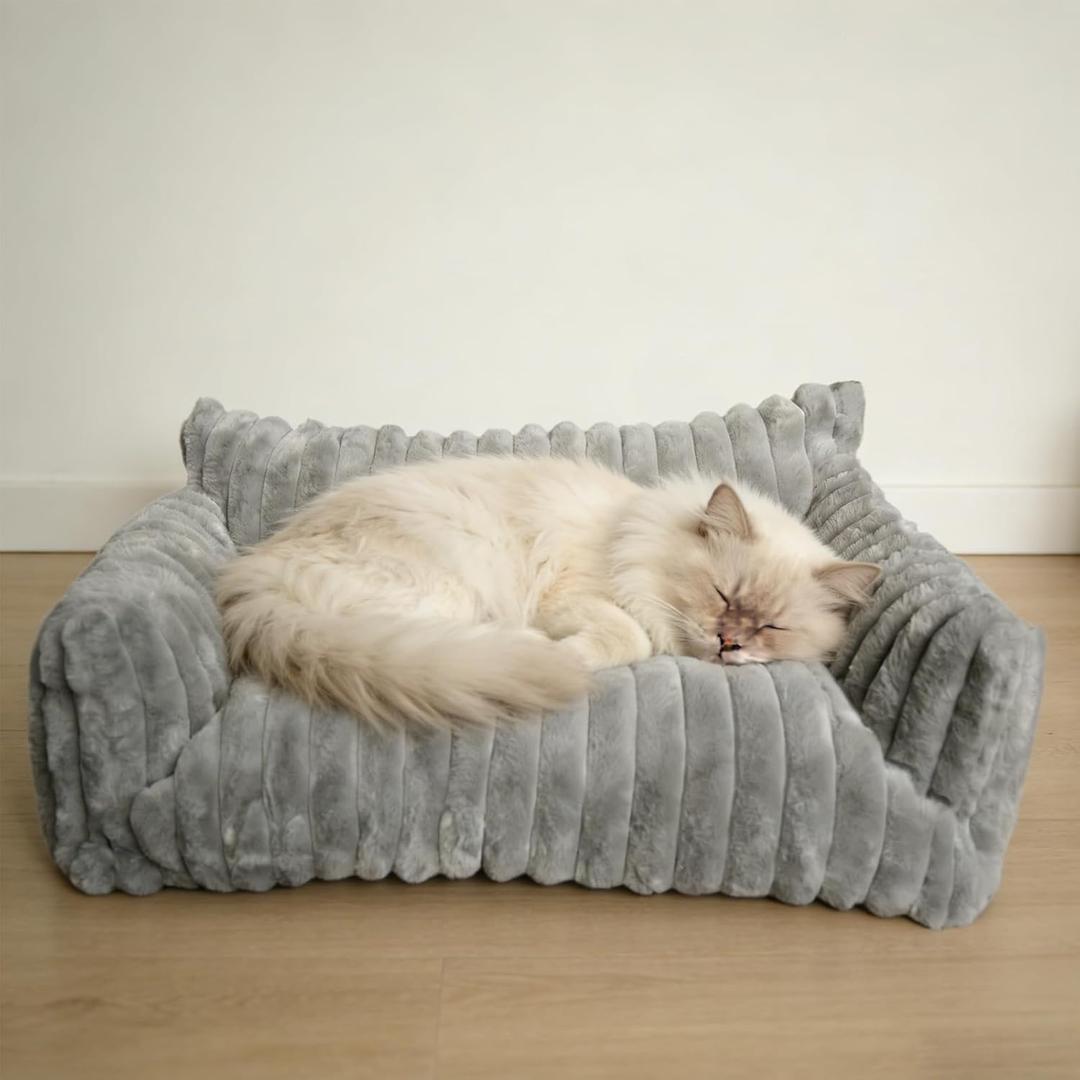 Cat Couch for Pets - Cute Cat Beds for Indoor Cats with Removable Cover, Washable Soft Corduroy Plush, Fluffy Supportive Pet Sofa Chair for Cats, 24 inch Grey