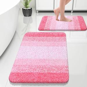 OLANLY Bathroom Rug Set 2 Piece, Soft Absorbent Microfiber Bath Rug Set, Non-Slip, Machine Wash Dry, Plush Shaggy Bath Mats for Bathroom (30"x20"+24"x16", Pink)