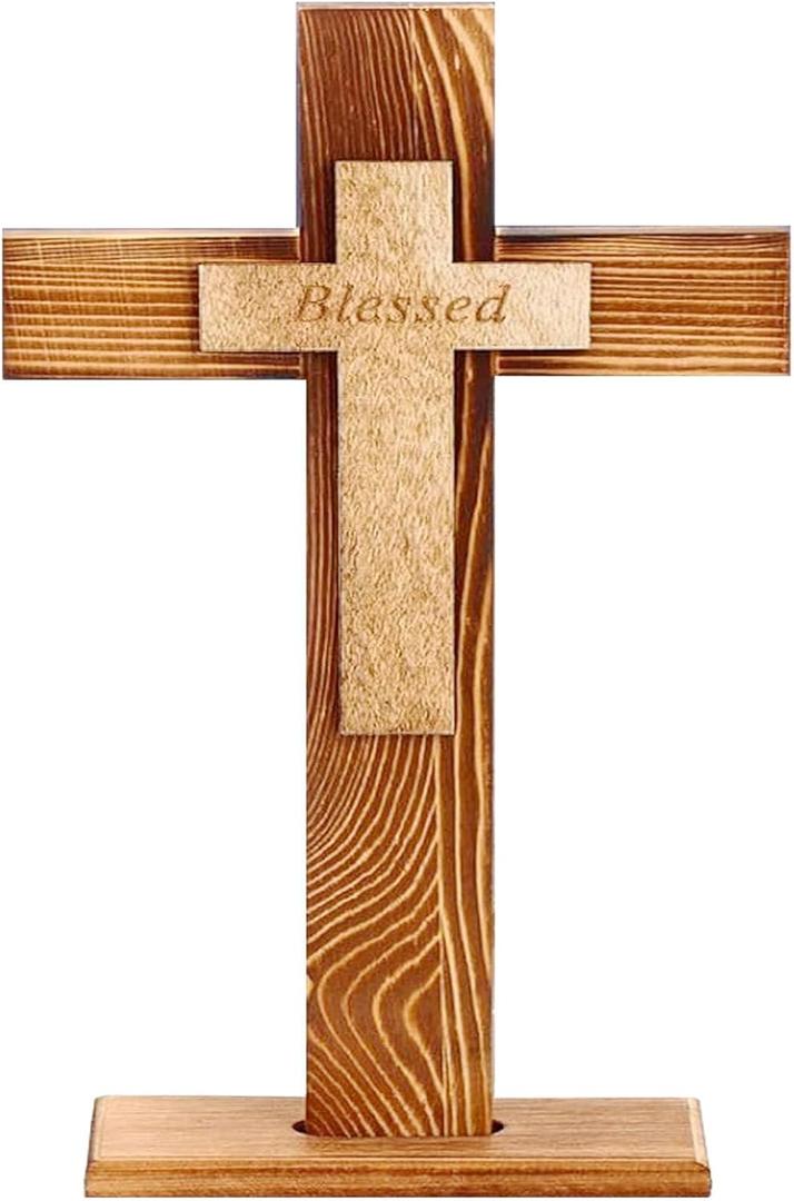 Wood Standing Cross,Christians Spiritual Religious Jesus Cross Wall Art,Handmade Nature Wooden Blessed,Tabletop for Church Home Decor Wood Crucifix