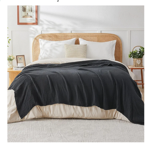 EMME Cotton Muslin Queen Blanket Bed Layering Breathable Gauze Blanket Soft Lightweight Blankets Adults (Black, 90"x90")