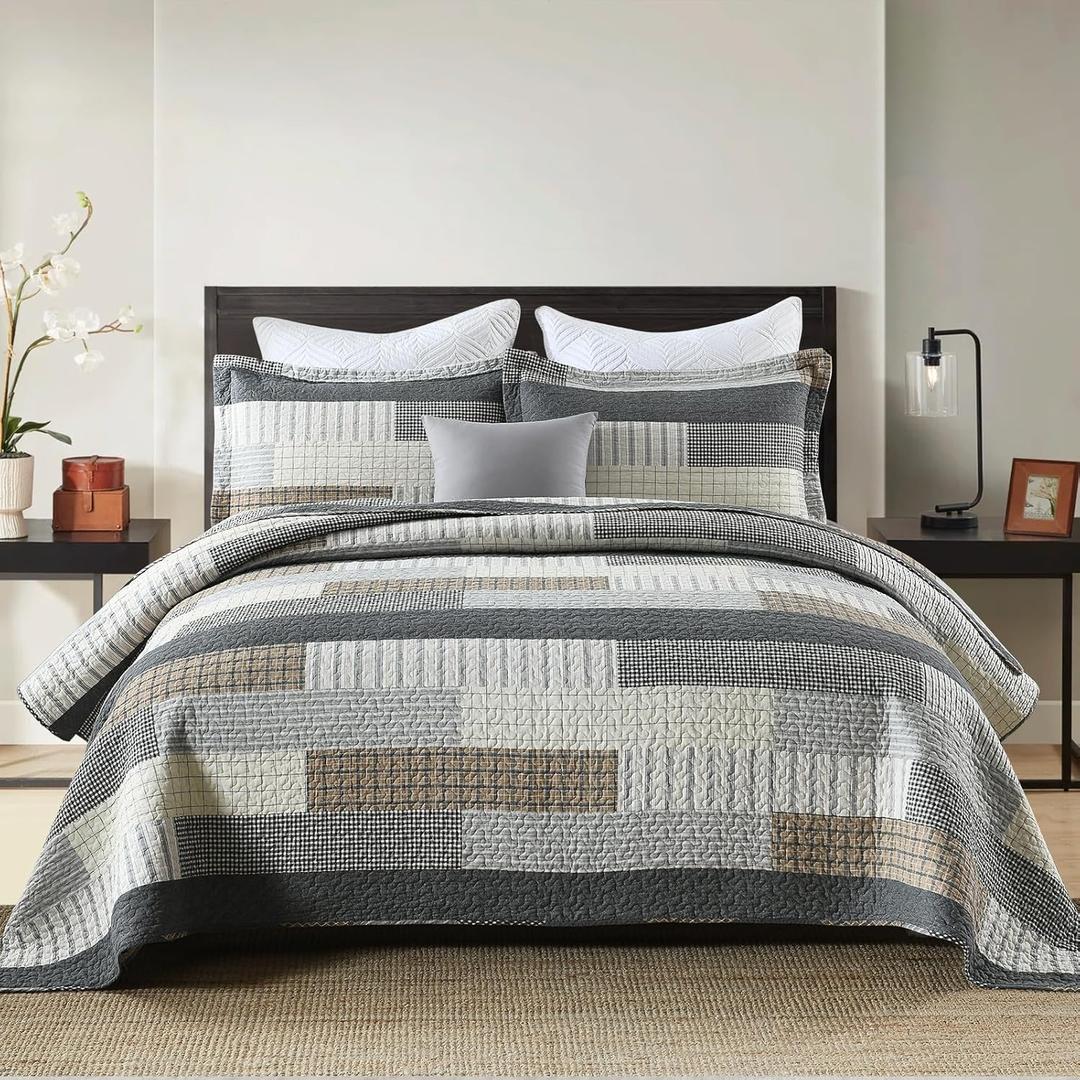 Finlonte Quilt Queen Size 100% Cotton Queen Size Quilts Grey Black Brown Quilted Bedspreads Plaid Comforter Set Lightweight Reversible Soft Breathable Bedding Sets for All Season, 3 Pieces (Queen (90"x98"))