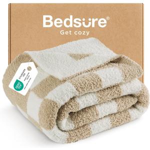 Bedsure Gentle Soft Cozy Soft Throw Blanket for Couch, Beige Checkered Fluffy Blanket, Lightweight Warm Knit All Season Throw Blankets for Bed Sofa, Birthday, for Women, 50x60 Inches