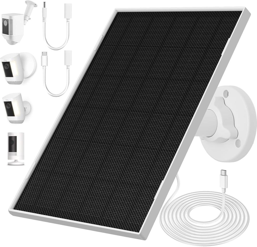 Ring Solar Panel Charger, 6.5W Solar Panel for Security Camera, Compatible for Ring Camera with Battery, Waterproof Solar Panel with Type-C, Micro USB and DC Port Cable for Most Cameras