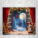 10x8ft Christmas Window Backdrop Winter Dream Wonderland Full Moon Night Background Red Curtain Snow Man Party Decorations Portrait Cake Table Banner Photo Studio Props (Multi)