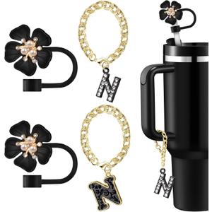 Straw Covers for Stanley Cup Accessories: Black Decorations for Stanley 30 oz & 40 oz Tumbler with Handle, Bling Letter Charms and Flower Silicone Straw Cap Topper, Trendy Stuff for Teen Girls & Women