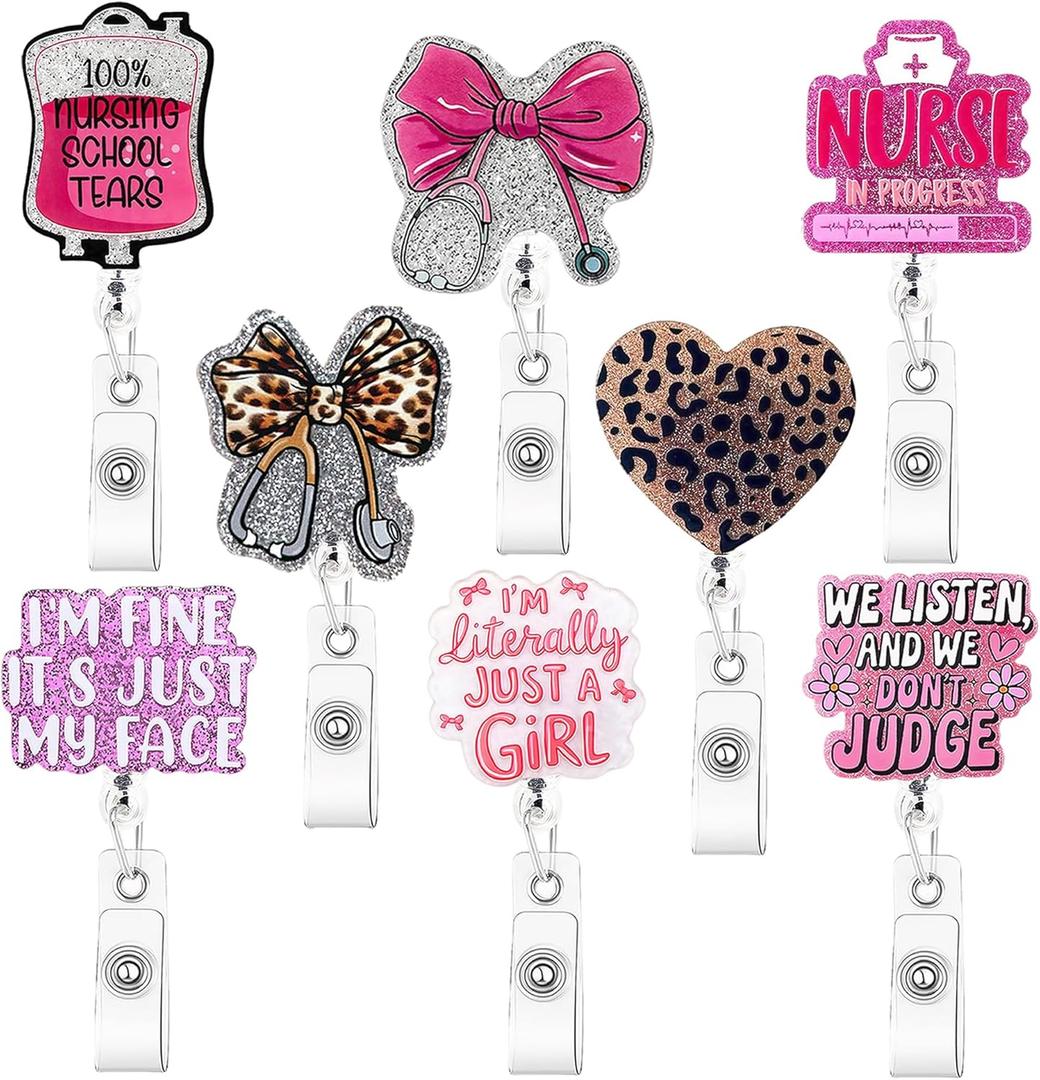 8 Pcs Cute Badge Reel Retractable for Nurses, Funny Pink Badge Reels with Alligator Clip, Glitter ID Badge Holder for Nurse Doctor Office Gifts (8pcs-Pink/Leopard Print)