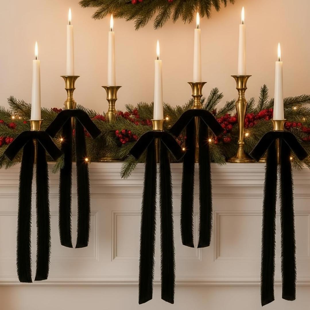 12 Pcs Velvet Christmas Bows Candle Holder Decoration Large Raw Edge Pre-Tied Bow 7.1"x15.7" Vintage Fringe Ribbon Handmade Bow for Christmas Tree Candlestick Rustic Gift Wrapping(Black)