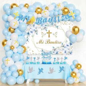 Mi Bautizo Decorations for Boys, Baptism First Communion Christening Decorations, God Bless Party Supplies Backdrop Blue Gold Balloon Garland Arch Glitter Banner Cake Cupcake Topper Cutouts