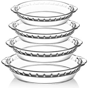 4 Packs Glass Pie Plates, MCIRCO Deep Pie Pans Set (7"/8"/9"/10"), Pie Baking Dishes with Handles for Baking and Serving, Clear