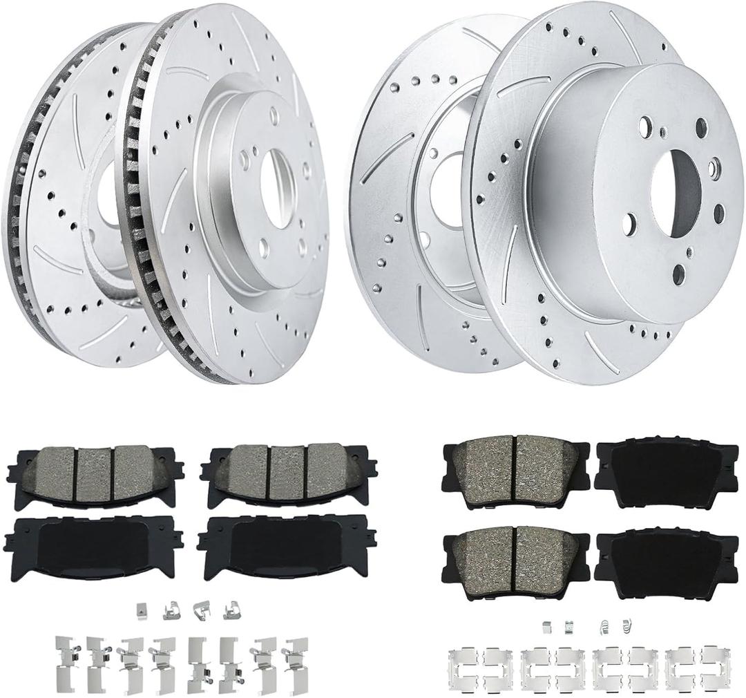Brake Kit for 2012-2017 Toyota Camry, 2013-2018 Avalon, Lexus ES350 ES300h Drilled And Slotted Geomet-Coated Disc Brake Rotors 2014 2015 2016 2017 Ceramic Brakes Pads Front And Rear Replacement