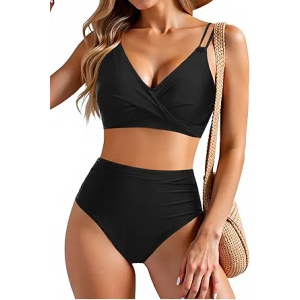Holipick Women Black with Flower High Waisted Bikini Set Two Piece Swimsuits Push up Wrap Swim Suits Top Tummy Control Bathing Suit Size L