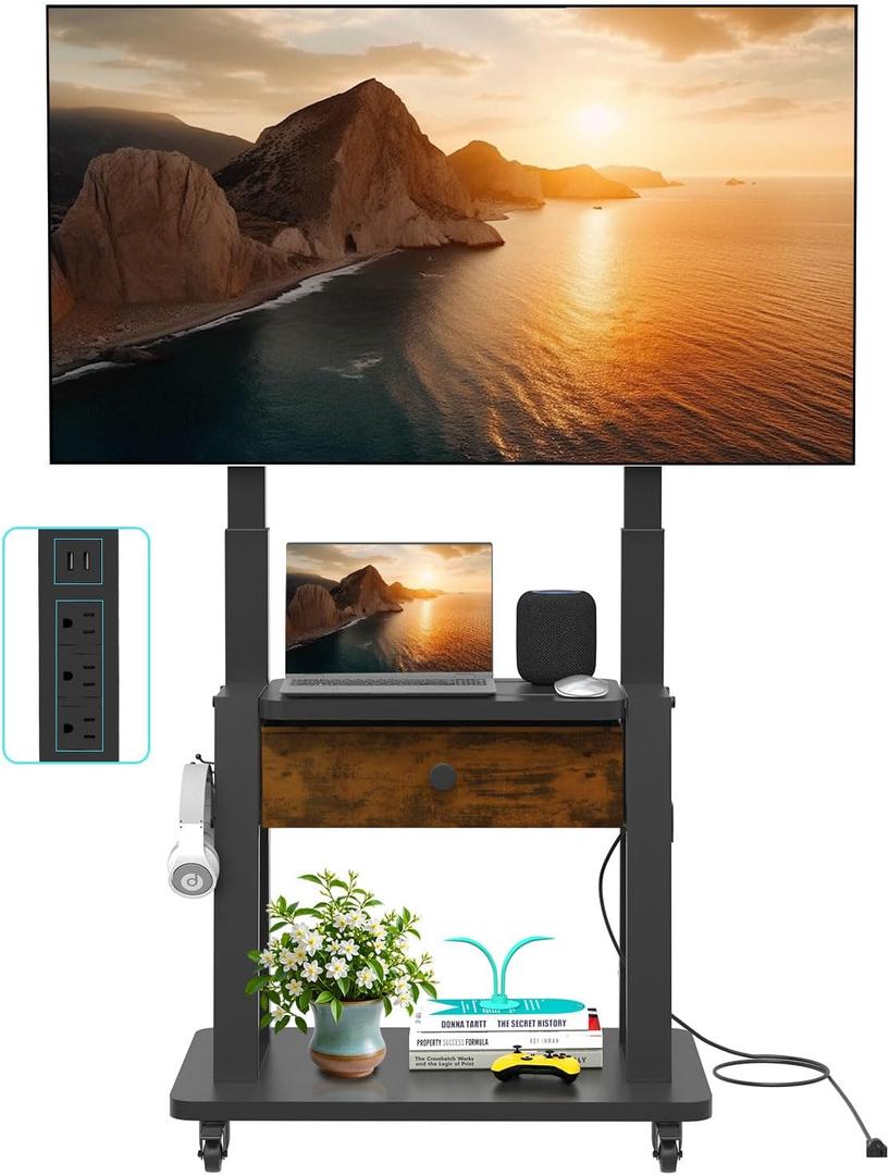Rolling TV Stand with Power Outlet and Fabric Drawer for 32-75 Inch Flat/Curved Screen up to 220lbs LCD/LED/OLED Adjustable Height Mobile TV Cart with Wheels for Home Office Max VESA 600x400mm