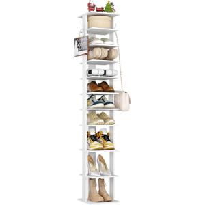 HOMEFORT 10-Tier Vertical Shoe Rack, Corner Shoe Tower, Slim Shoe Organizer with Two Hanging Hooks, Wooden Shoe Storage Stand for Entryway, Hallway, Closet (White), 11.02"D x 11.02"W x 62.2"H