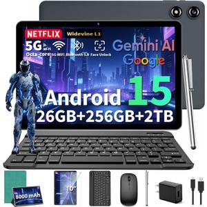 2026 10 Inch Tablet, Android 15 Tablet with Keyboard, 24GB RAM + 256GB ROM (2TB Expand), Tablets PC with 8-Core, Gemini AI, 5G WiFi, 8000mAh, BT5.0,GPS, 2-in-1 Tablets with Mouse, Case, Stylus (Green)